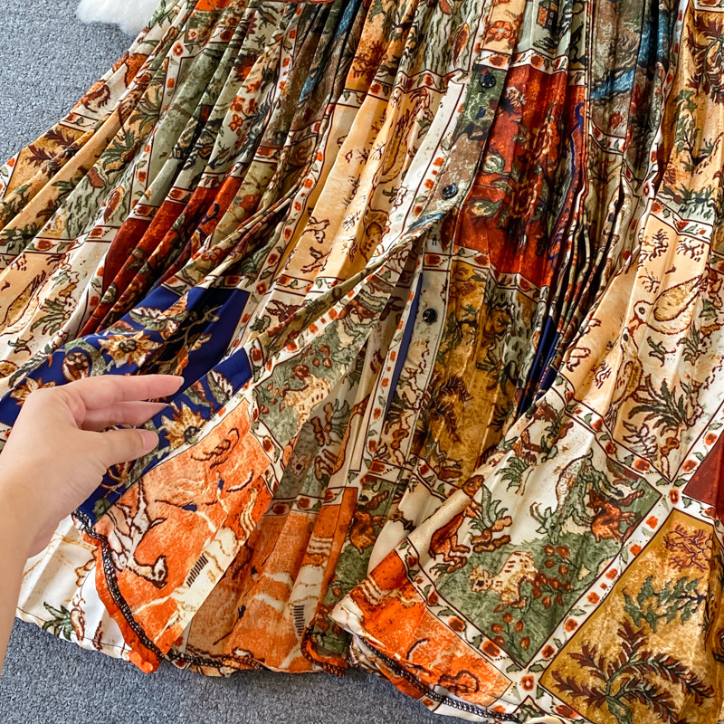 Vêtements pour femmes Automne col rond ample mince à manches longues imprimé satin simple boutonnage robe plissée élégante légère luxe longue jupe_voghion.com