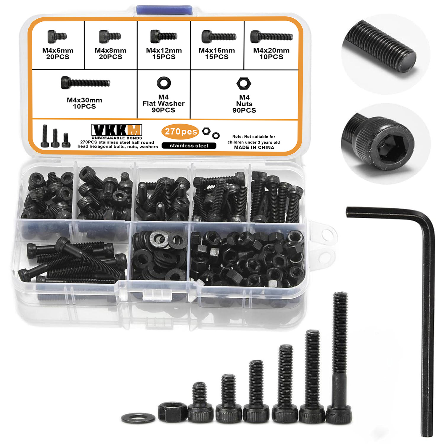 跨境盒装螺丝270Pcs M4圆柱头内六角螺栓螺母平垫圈组合套件弹垫