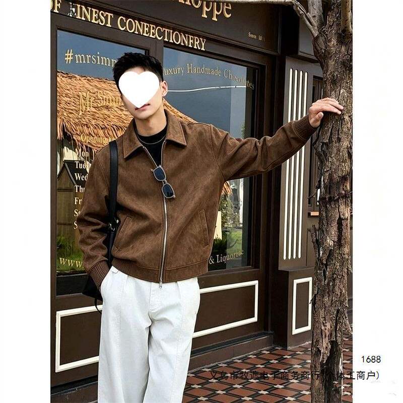 Retro American-style suede jacket for men, featuring a lapel collar, 2026 new collection, versatile for spring and autumn, loose-fitting casual jacket