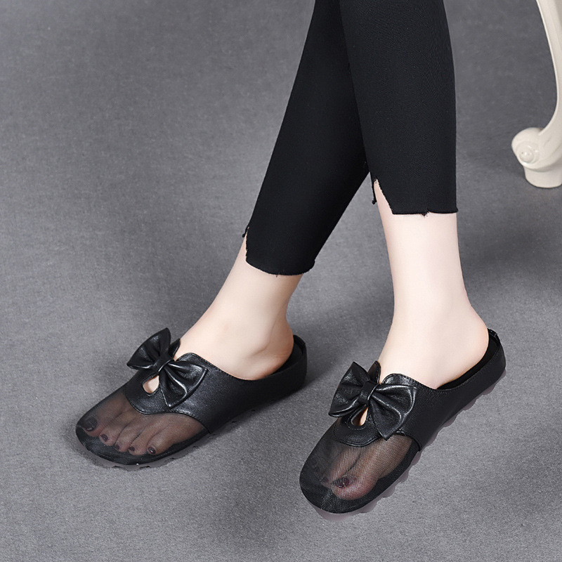 Dép sandal nữ bít mũi lưới thắt nơ da thật đế bằng mềm chống trượt — Màu đen