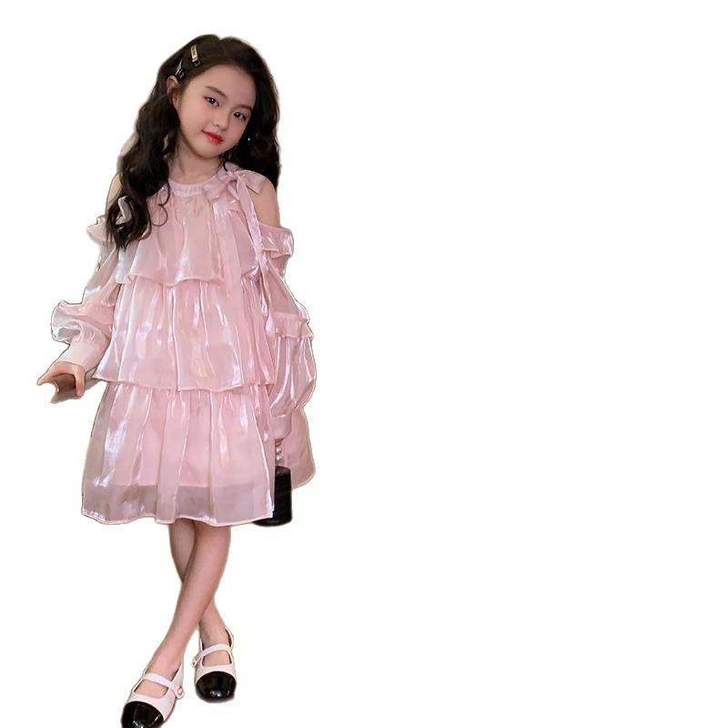2025 女の子服ピンクオーガンザプリンセスドレス子供ベビーホルターネックドレスオフショルダードレス|undefined