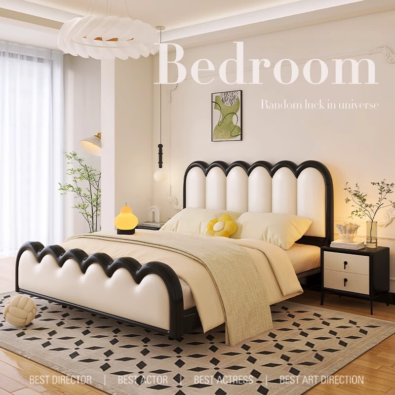 Genuine Leather Suspended Bed Double French Modern Simple Cream Style Light Luxury Master Bedroom Wave Leather Art Soft-Covered Wedding Bed Genuine Leather Suspended Bed Double French Modern Simple Cream Style Light Luxury Master Bedroom Wave Leather Art Soft-Covered Wedding Bed
