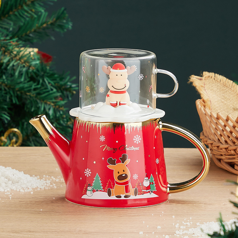 Navidad alces juego de té traje lindo de dibujos animados tetera de cerámica regalo lindo flor juego de té Logo de apoyo