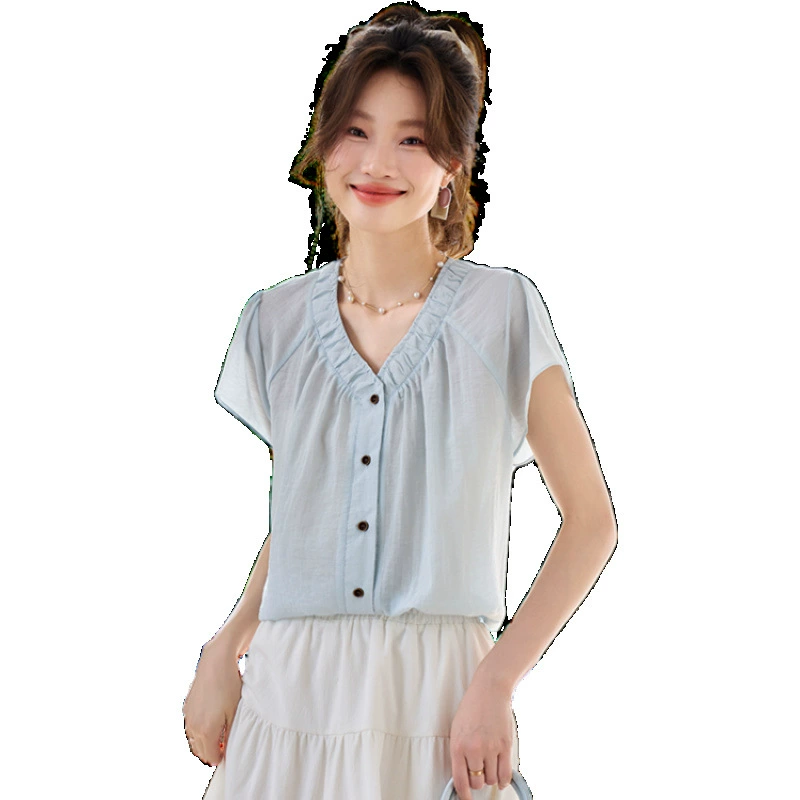 Женская рубашка с коротким рукавом, лето 2025, новый нишевый дизайн, элегантный топ с V-образным вырезом, уникальная тонкая рубашка французского стиля