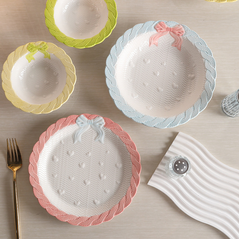 High-Looking Bow Plate, Cute Plate, Cake Snack Plate, Deep Plate, Girly Heart Ceramic Tableware Set