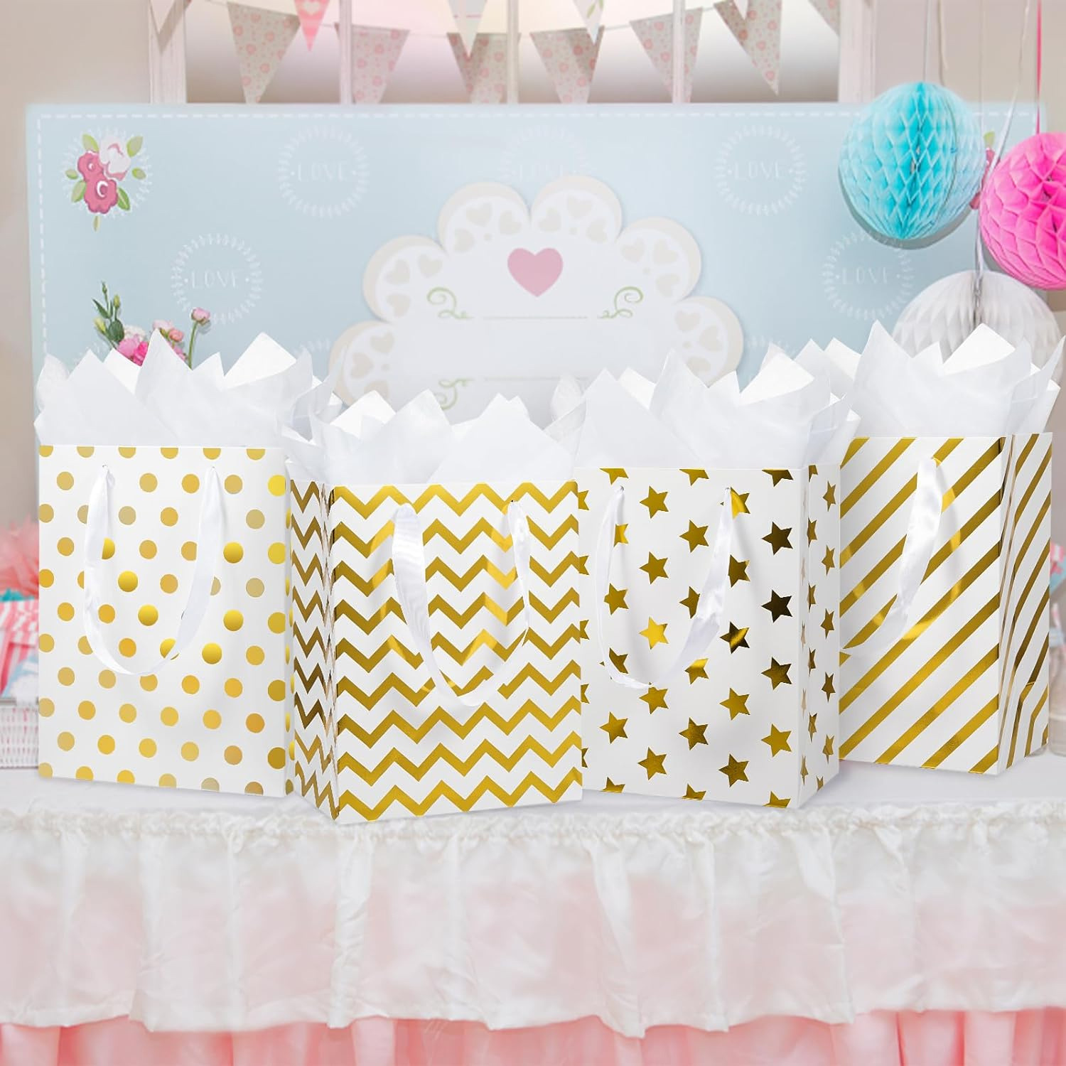 亚马逊款烫金条纹圆点星星礼品袋带把手的 大袋子包括的薄纸卡片