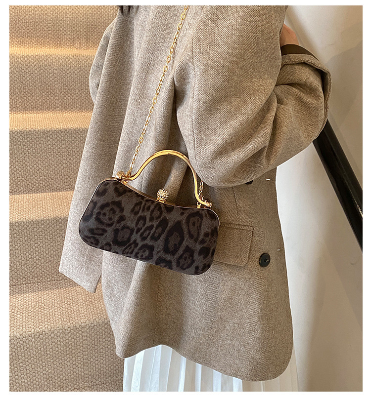 European and American style leopard print chain small square bag for women, 2024 new Korean style fashionable single-shoulder bag, flared crossbody dinner bag details Picture