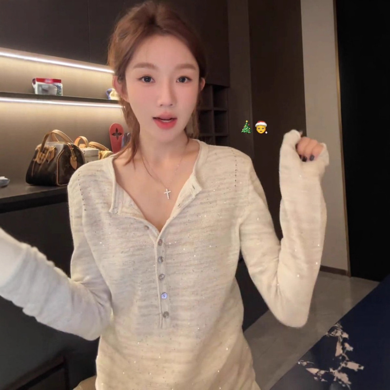 280139 【White Moonlight French Style Thin Long-Sleeve Knit Top Korean Version Versatile Chic Hot Girl Style Top】 280139 【White Moonlight French Style Thin Long-Sleeve Knit Top Korean Version Versatile Chic Hot Girl Style Top】