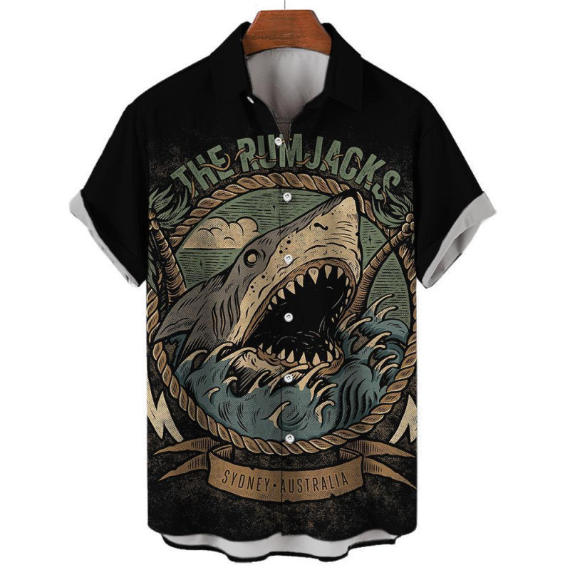 Popular Amazon Creative 3 Digital Printed Shark Cartoon Series Lapel Loose Casual Large Size Men's Shirt
