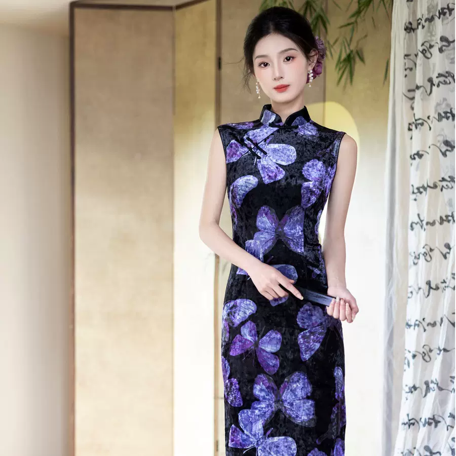 高级感民国风气质复古丝绒旗袍 2025秋季新款改良无袖旗袍裙7506