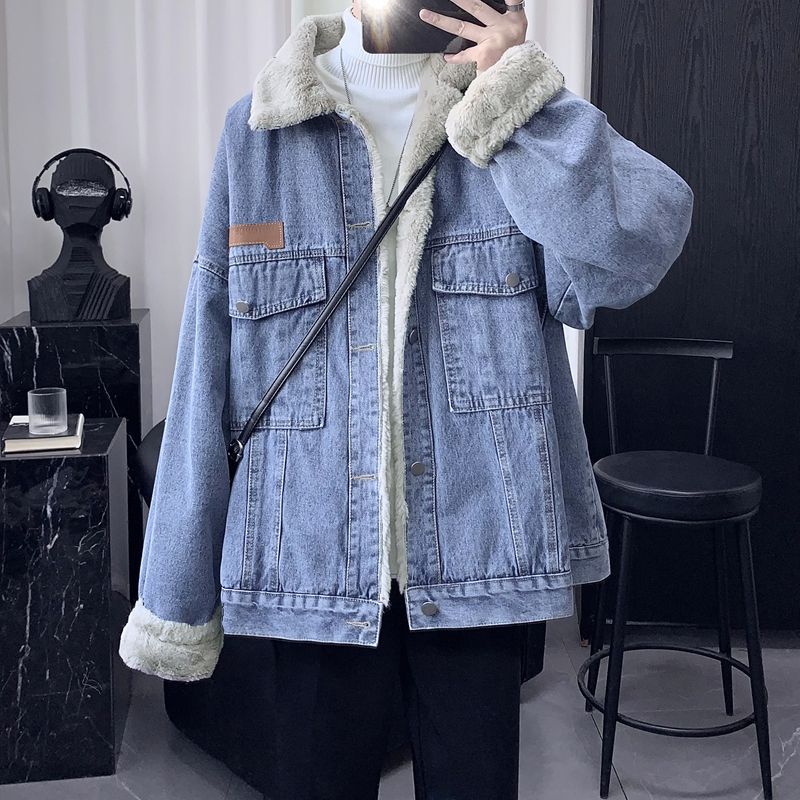 冬季美式羊羔绒牛仔外套男帅气潮流加绒加厚棉服潮牌港风保暖棉衣