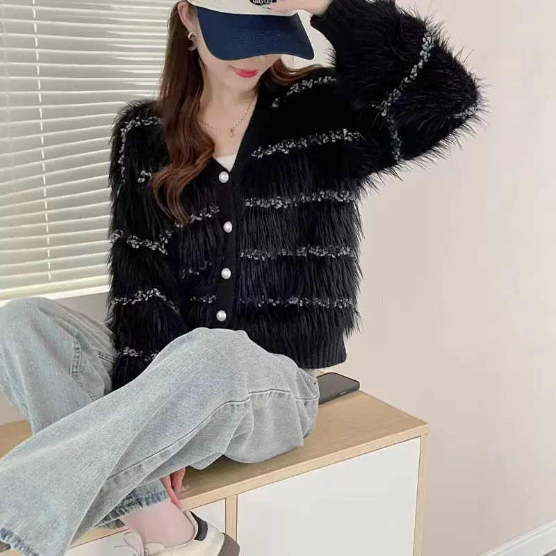 仿貂绒彩点针织衫外套女秋冬爆款宽松慵懒风V领开衫时尚软糯毛衣