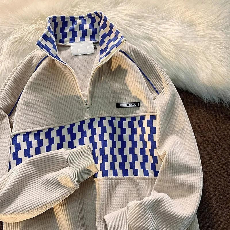 American Retro Waffle Half-Zip Polo Collar Sweatshirt for Men and Women in Autum Loose Trendyy Versatile Checkerboard Jacket