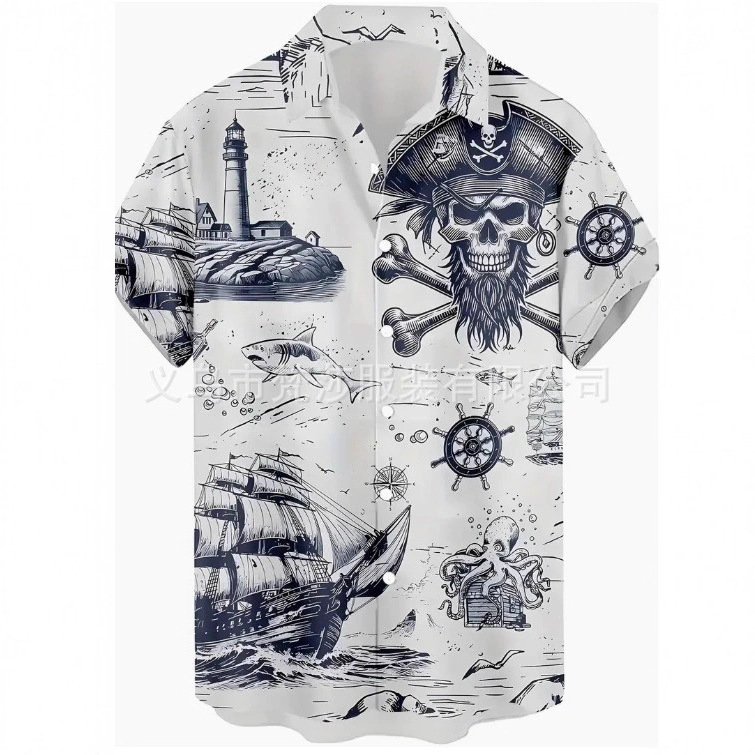 2024 New Independent Station Cross-Border Men's Breathable Quick-Drying Pirate Style Printed Comfortable Casual Short-Sleeved Shirt