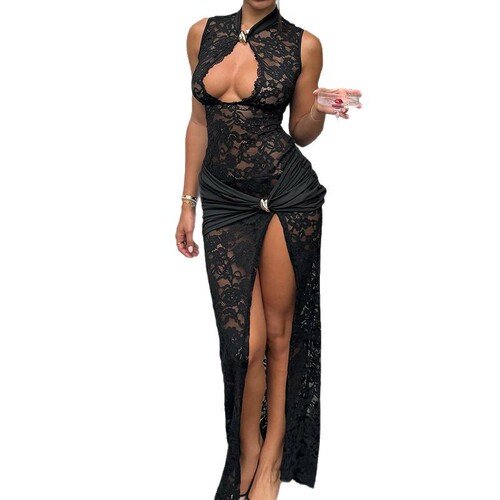 Bestselling women's summer new sexy lace mesh open-hole high slit sleeveless bodycon A-line dress
