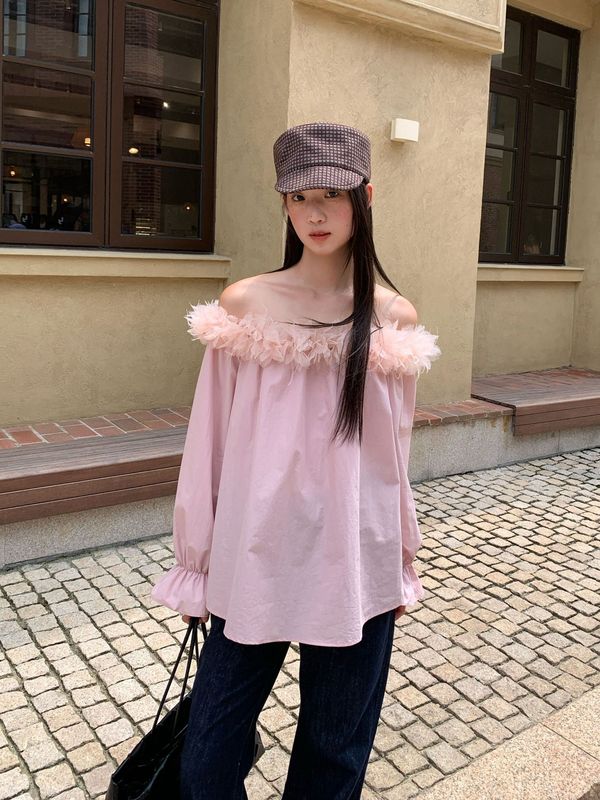 诠释美 NEWOPEN 25秋纯欲超仙绝美羽毛衬衫女长袖一字肩上衣F6028|undefined
