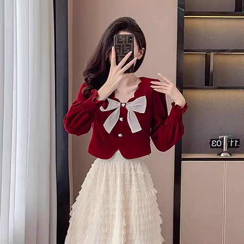 秋套装女小个子穿搭一整套小香风上衣服层层网纱蛋糕半身裙两件套|undefined