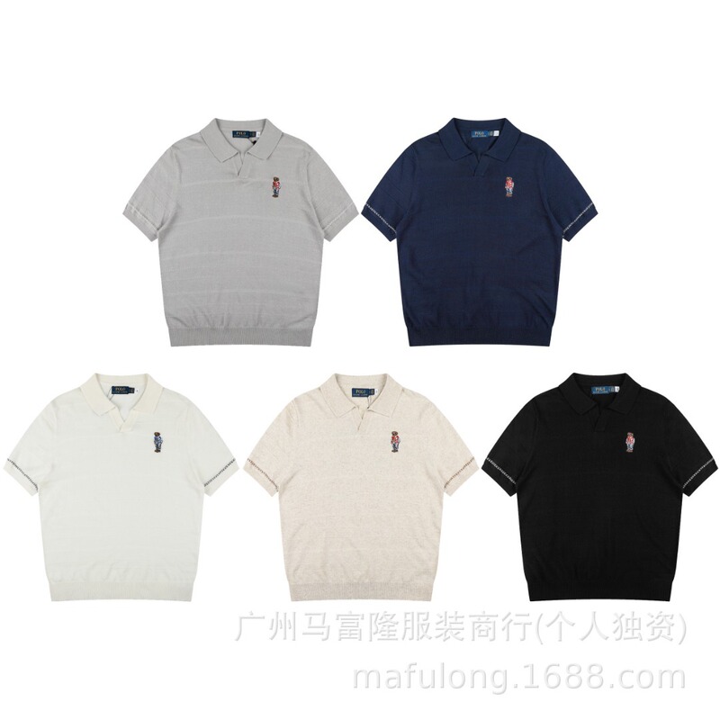 Ralph Lauren Summer Bear Embroidery Polo Shirt with Contrasting Color Sleeves and Turn-Down Collar, Loose Linen Short-Sleeve Unisex Style~