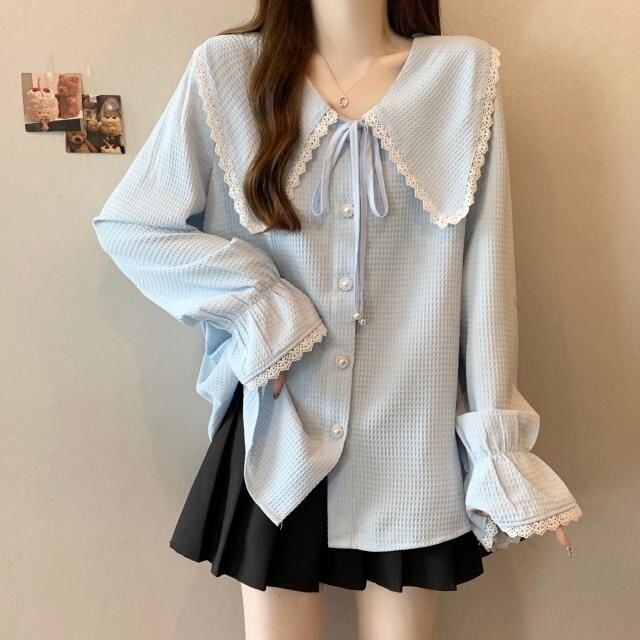Plus-size women's autumn new Korean-style loose-fitting slimming sweater with a youthful doll collar and tie detail, long-sleeved shirt top Plus-size women's autumn new Korean-style loose-fitting slimming sweater with a youthful doll collar and tie detail, long-sleeved shirt top