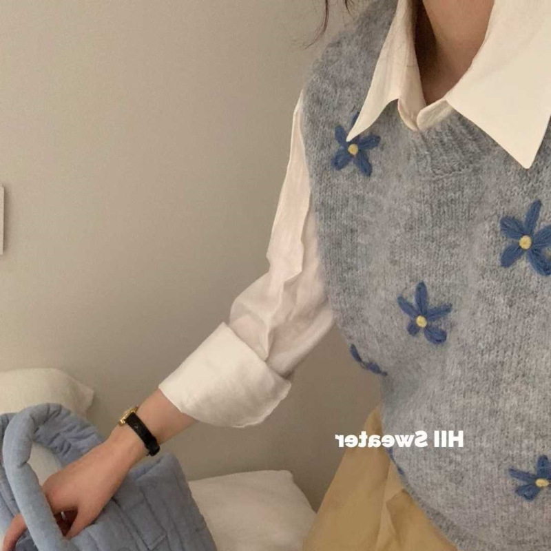 韩系甜美手工立体刺绣小花针织马甲上衣女秋冬款百搭圆领毛衣背心|undefined
