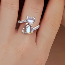 跨境货源网红直播时尚女士热销卡通开口设计猫咪造型月光石单戒指