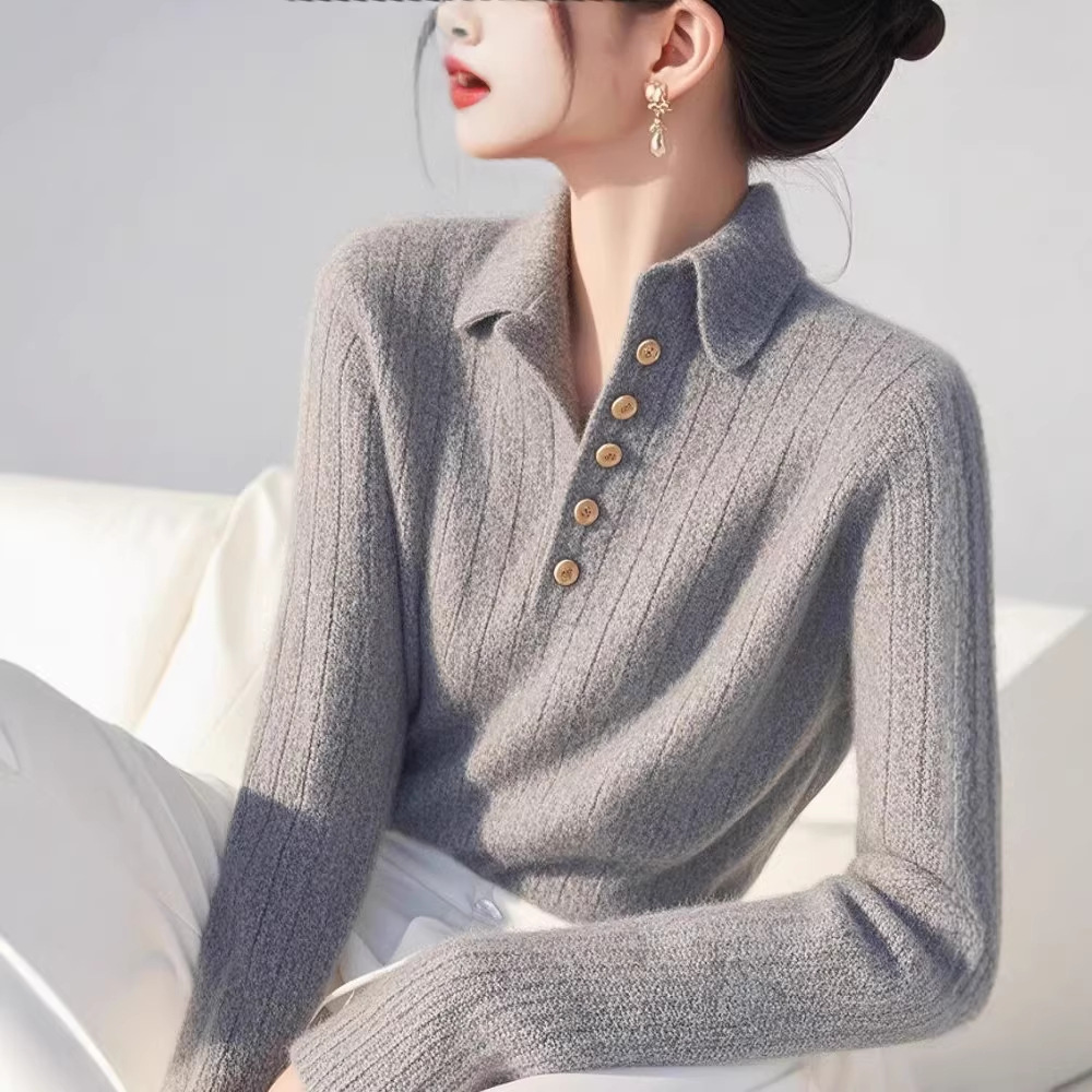 Áo len cổ lọ nữ dệt kim phong cách Hàn Quốc, kiểu dáng thời trang cao cấp — màu xám