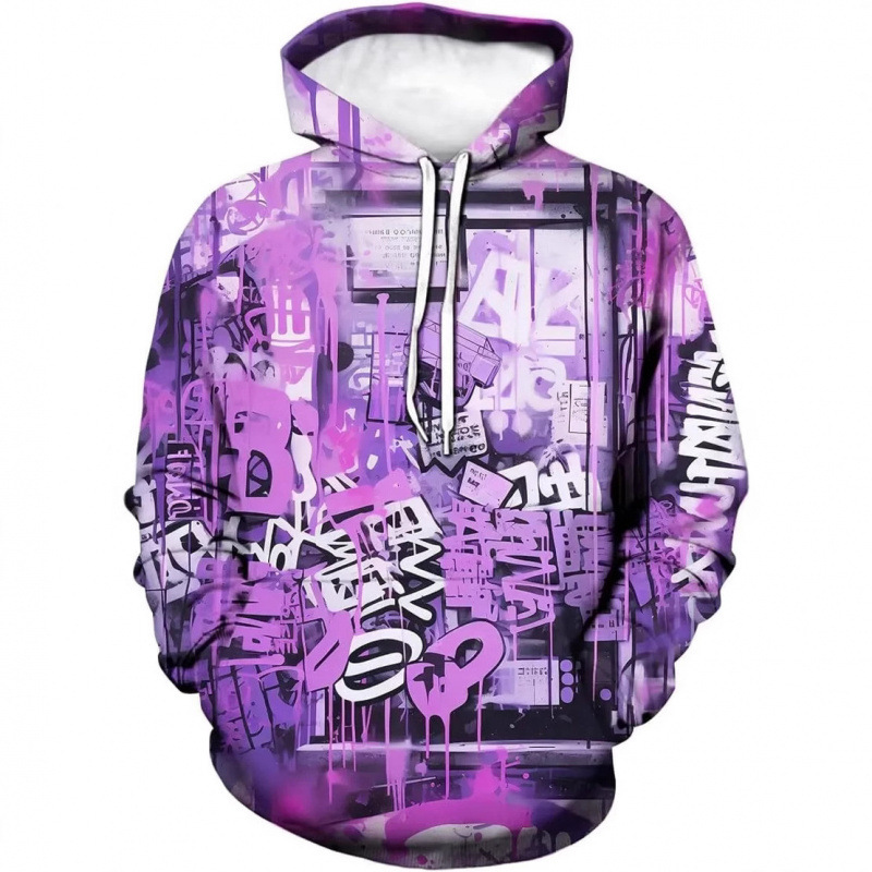 Men's and Women's 3D Printed Psychedelic Graffiti Animation Pattern Hooded Sweatshirt Pocket Long Sleeve Pullover Printable