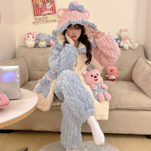 珊瑚绒睡衣女秋冬季中长款睡袍三层夹棉加厚家居服可爱法兰绒套装