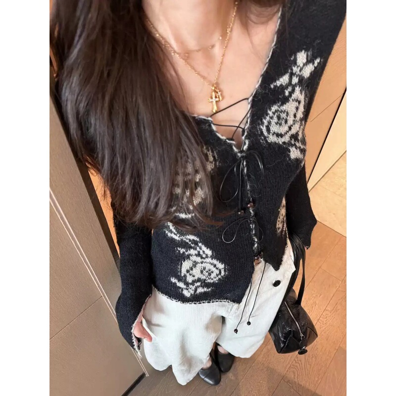 【XTZ STYLE】Jacquard knit sweater with tie detail, knitted cardigan 【XTZ STYLE】Jacquard knit sweater with tie detail, knitted cardigan