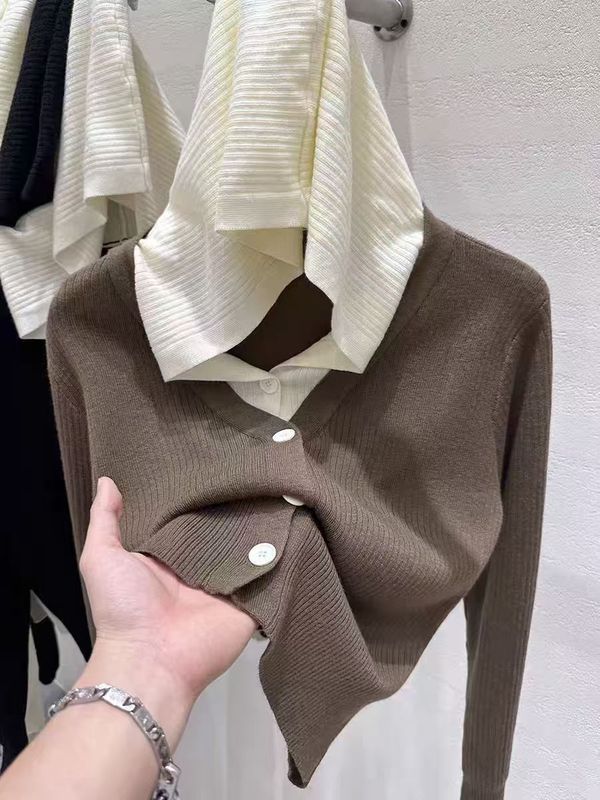 韩系小众拼接假两件连帽针织开衫女秋冬新款简约洋气显瘦毛衣外套|undefined