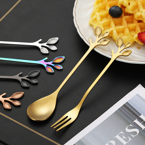 Stainless steel leaf spoon and fork Nordic mixing spoon simple coffee spoon creative gold-plated dessert spoon colorful fruit fork