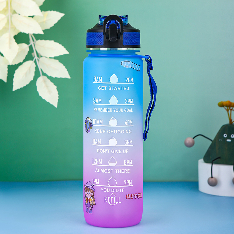 大容量グラデーション色屋外スポーツカップバウンスプラスチックカップロープ付きストローカップ1000ml宇宙ポット|undefined