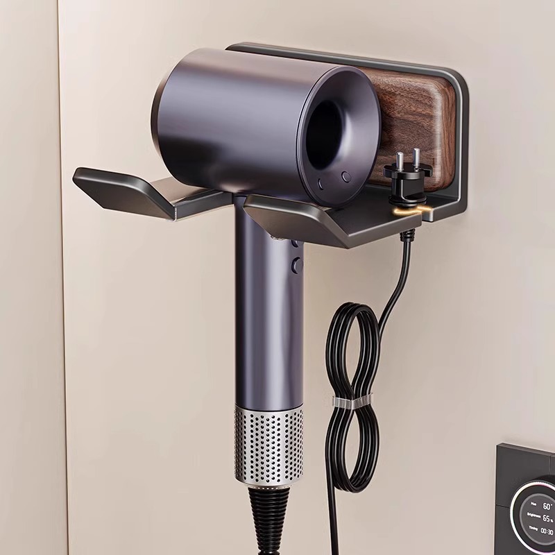 Estante de secador de pelo de nogal, sin perforación, soporte de secador de pelo de baño, soporte de secador de pelo de baño, soporte de pared de almacenamiento