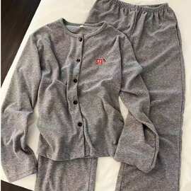 240克德绒睡衣女秋冬季保暖开衫可爱小狗绣花宽松慵懒家居服套装