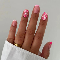 Cute and Delicate French-Style Long Square Double Color Flower Nail Art for Spring and Summer Sweet Girls, 24-Piece Set