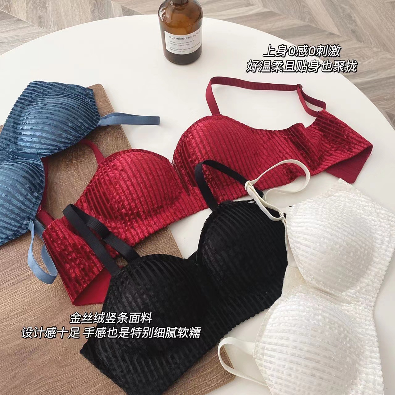 9907 terciopelo rojo de las mujeres elegantes año de nacimiento pequeño pecho push up ropa interior de las mujeres de soporte superior inalámbrico sujetador traje