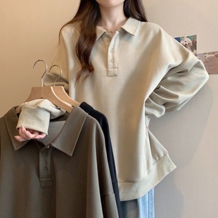 Plus-Size Polo Collar Design Niche Button Loose Lazy Style Long-Sleeve Slimming Casual Age-Reducing Sweatshirt