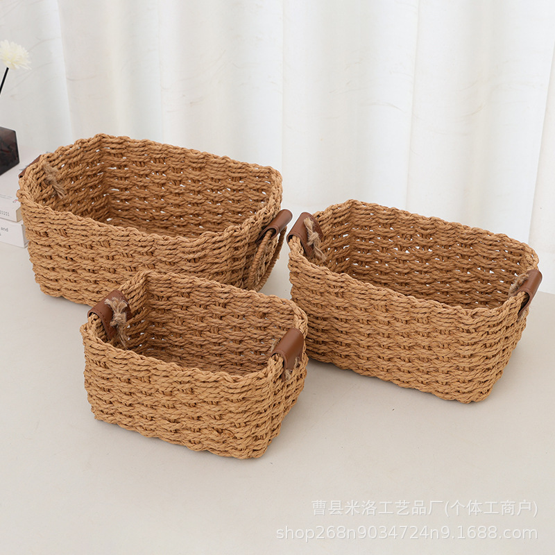 跨境现货纸绳编织桌面收纳篮带提手化妆品遥控器杂物收纳储物篮|undefined