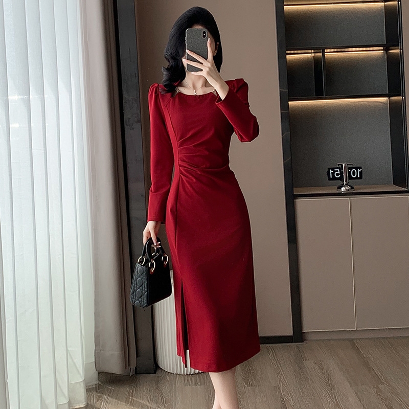 Red Dress 2025 Spring New Style Fashionable and Elegant Dress High-End Long-Sleeved Slim Slim Long Skirt Red Dress 2025 Spring New Style Fashionable and Elegant Dress High-End Long-Sleeved Slim Slim Long Skirt