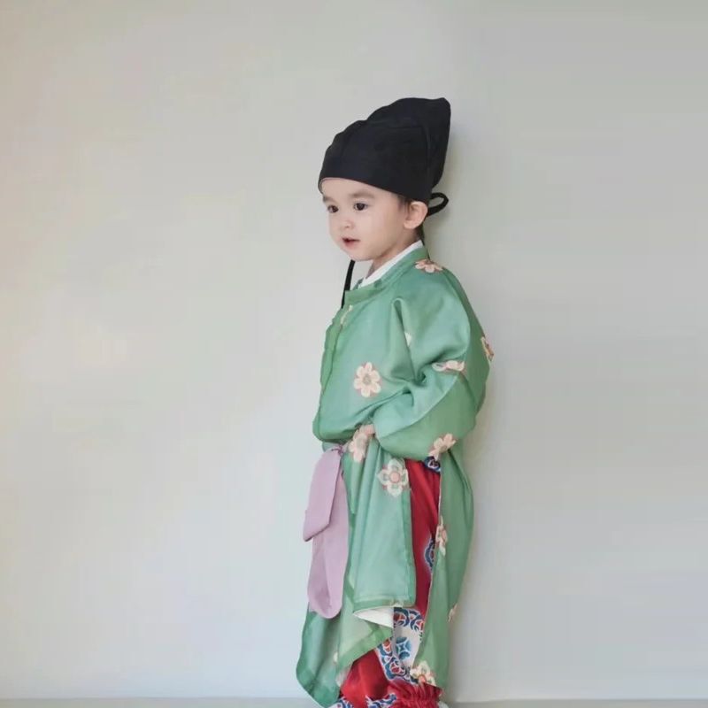 新款男童汉服中国风夏季新中式唐制古装圆领袍绿色双层薄款演出服|undefined
