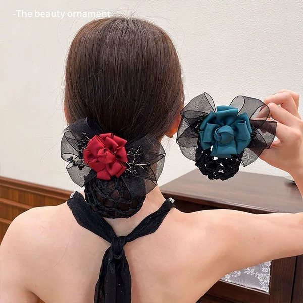 Vintage Rose Bow Hair Net Women's High-end Sense Ball Head Pontail Net Pocket 2025 New Headwear Hair Bag
