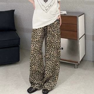 深圳南油高端女装2026夏季复古豹纹阔腿裤女宽松高腰垂感休闲裤