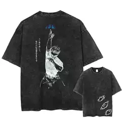 Jujutsu Kaisen Anime Graphic Print T-Shirt, Summer Cotton Washed Vintage Distressed Short Sleeve