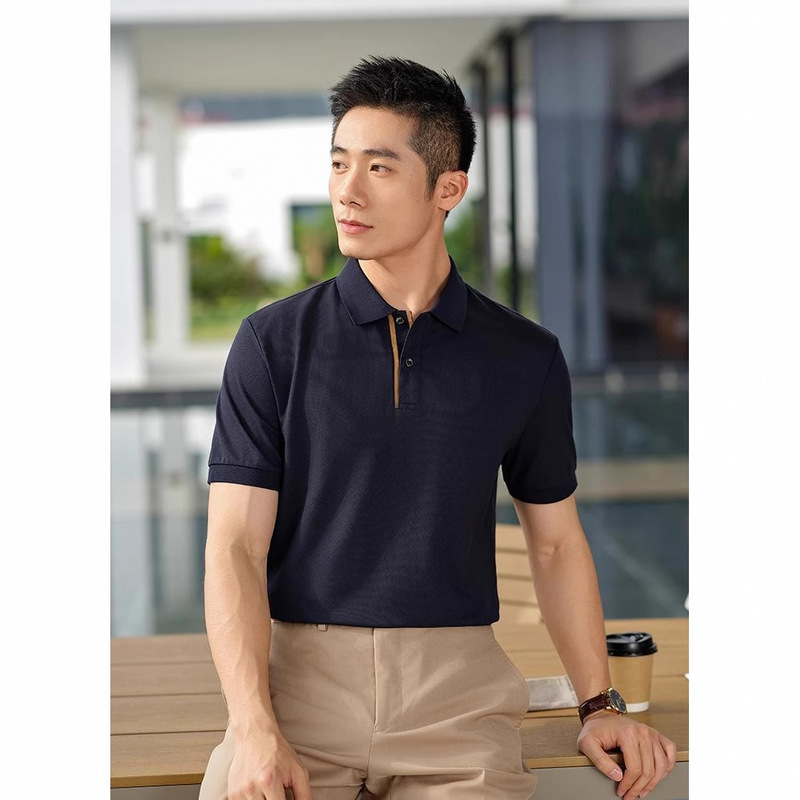 Hl.82002 High-End Liquid Ammonia Wrinkle-Free Short-Sleeve Polo Shirt 100% Long-Staple Cotton Collared T-Shirt Shadow Blue Two-Button