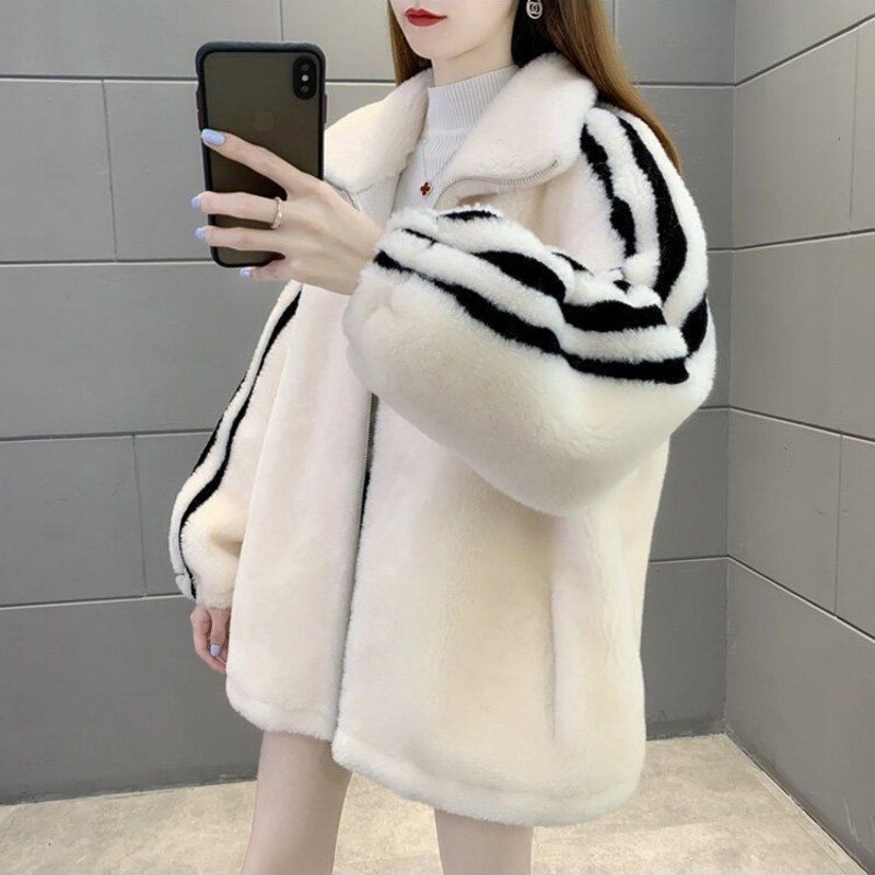 Loose Fit Fleece-Lined Stand Collar Fashionable Faux Rabbit Fur Warm Jacket 2026 Winter New Versatile Fleece Sweatshirt Women's Hoodie