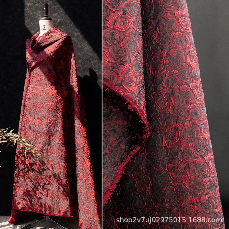 酒红色提花布料玫瑰花挺阔国风连衣裙旗袍外套创意服装设计师面料