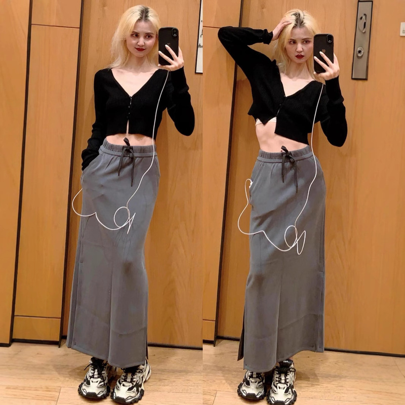 Lulufend Same Style Skirt Softstreme Drawstring Pencil Skirt Air Layer Long Skirt with Side Slits and Pockets