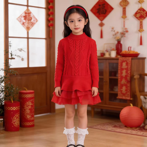 Children's clothing 2025 autumn and winter girls Christmas red knitted sweater dress long-sleeved fluffy princess dress