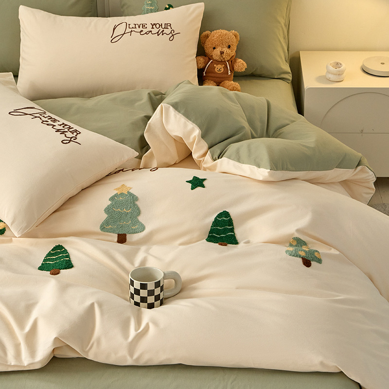 Cotton Brushed Bed Four-Piece Set 100 Pure Cotton Winter Thickeneded Bed Bed Sheets Quilt Cover Three-Piece Set Fitted Bed Sheets Bedding