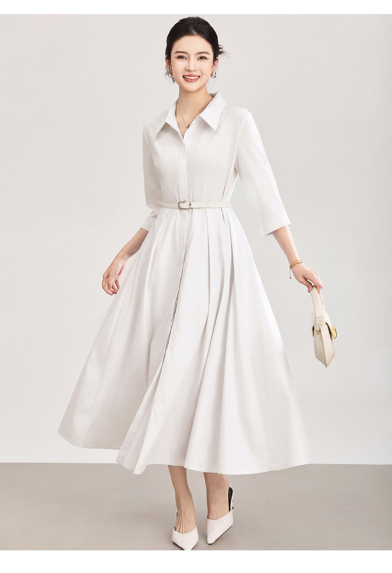 Đầm sơ mi nữ tay dài cổ ve, chất liệu tơ tằm pha cotton, dáng suông thoải mái — xanh lam chi tiết 17